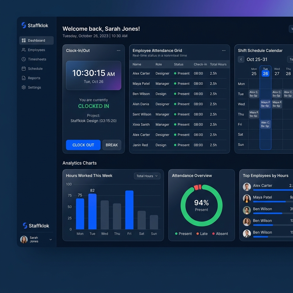 Staffklok dashboard showing verified attendance, staff status, scheduling, and analytics